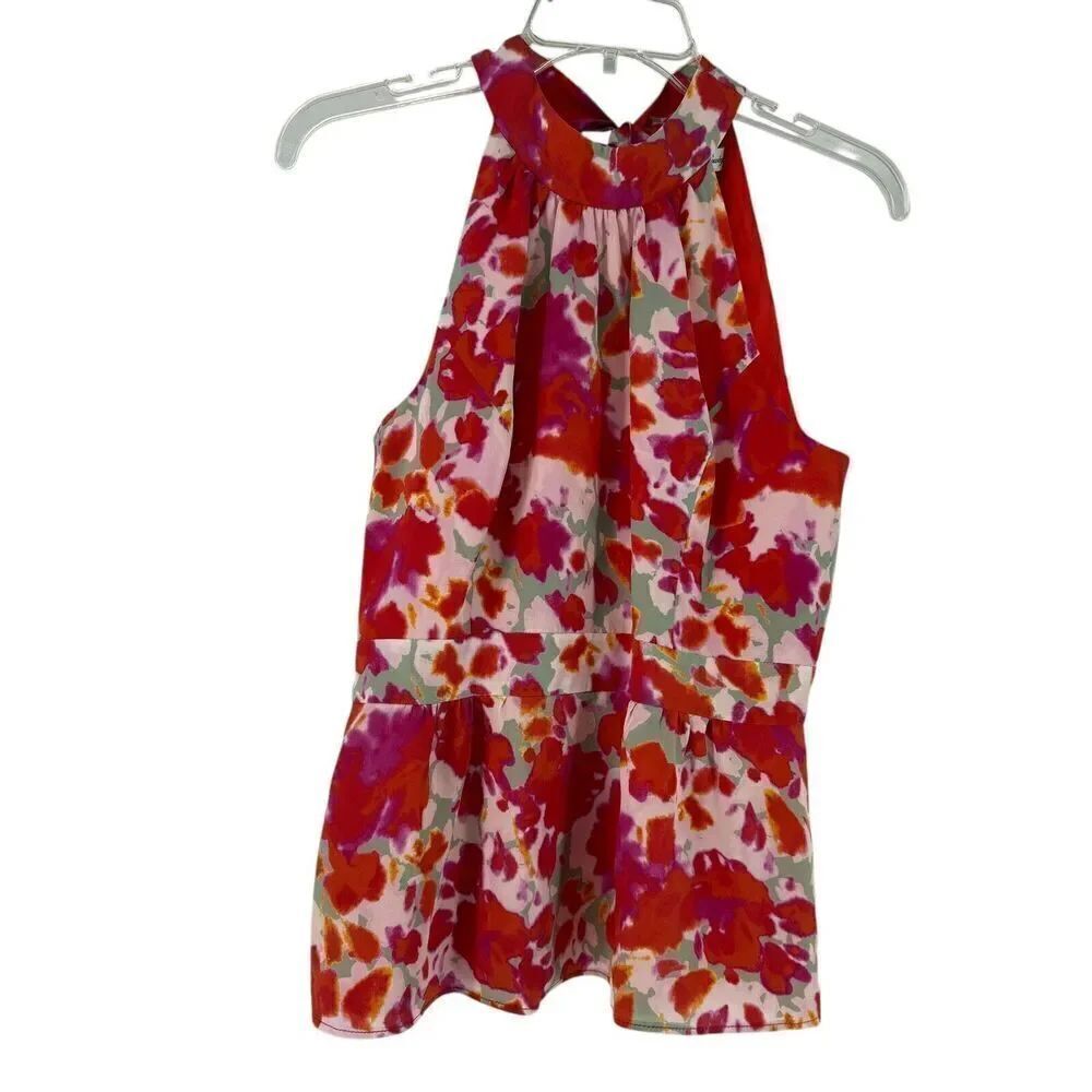 Beth Bowley Top Silk Floral Halter Womens Size 4 High Neck Bow Peplum Resort Red